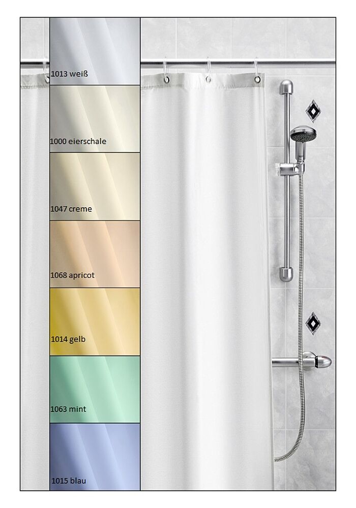 FRELU Duschvorhänge in verschiedene Farben erhältlich. 1013 weiß, 1000 eierschale, 1047 creme, 1068 apricot, 1014 gelb, 1063 mint, 1015 blau